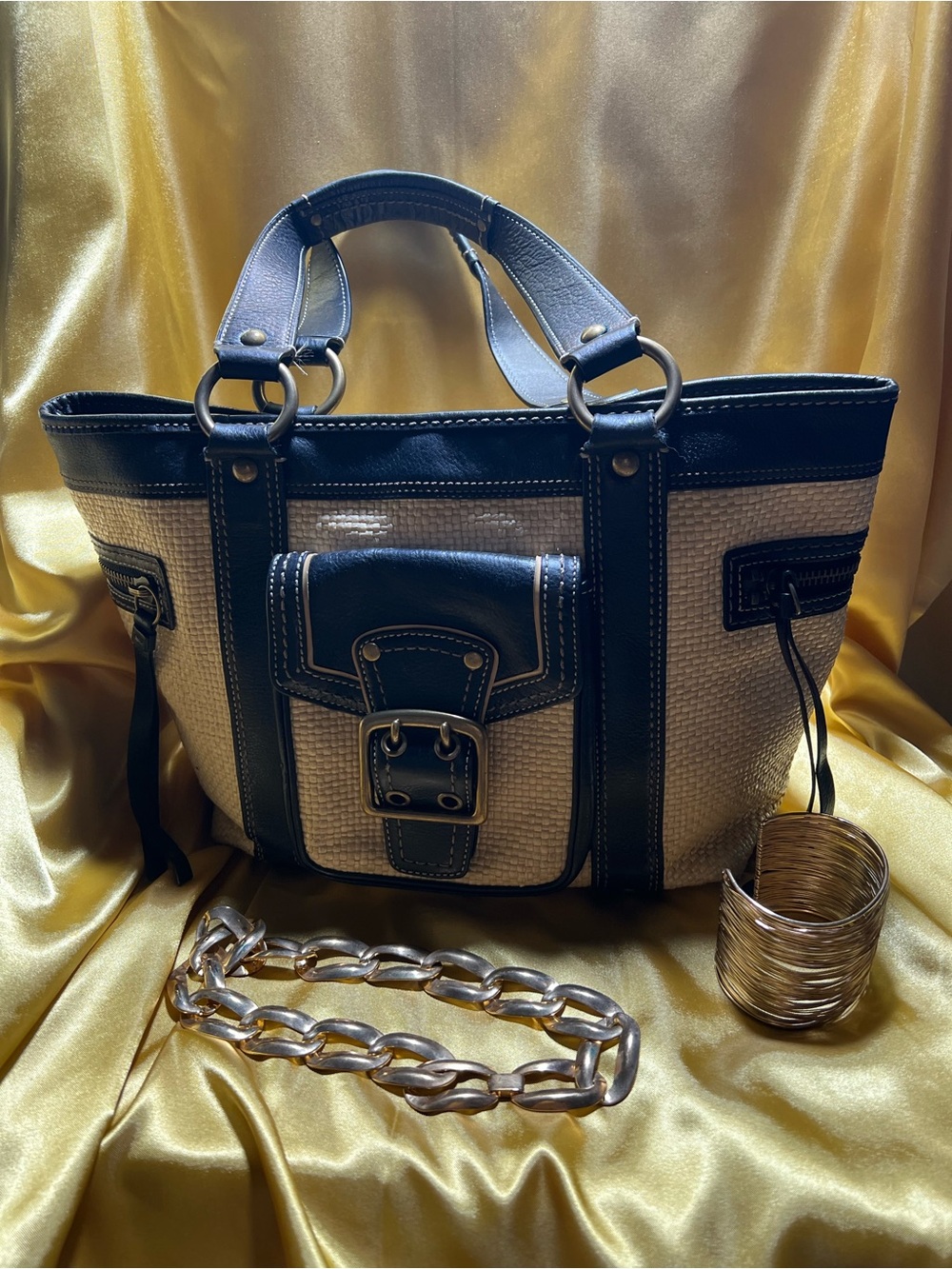 Coach Two-Tone Beige and Black Shoulder Tote with Front Buckle Pocket